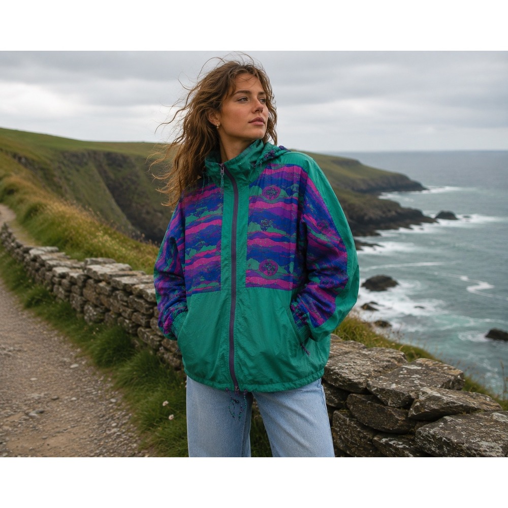 Vintage 90s Surf Windbreaker Teal Purple Oversized Beach Jacket Small